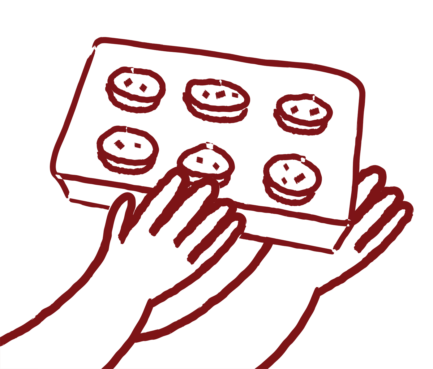 Hand-drawn illustration of two hands presenting an open tray of cookies