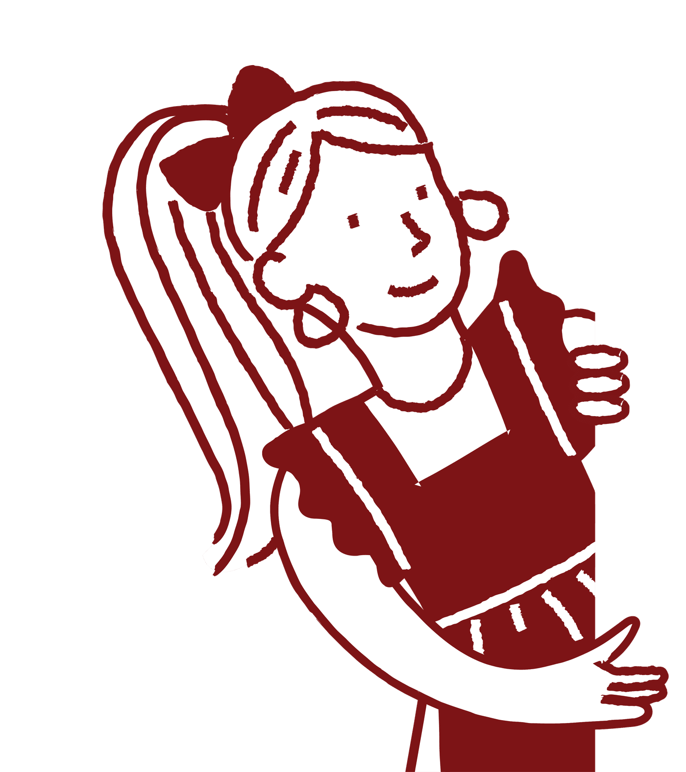 Hand-drawn portrait illustration of the Melting Bites baker, mid-laugh, wearing an apron