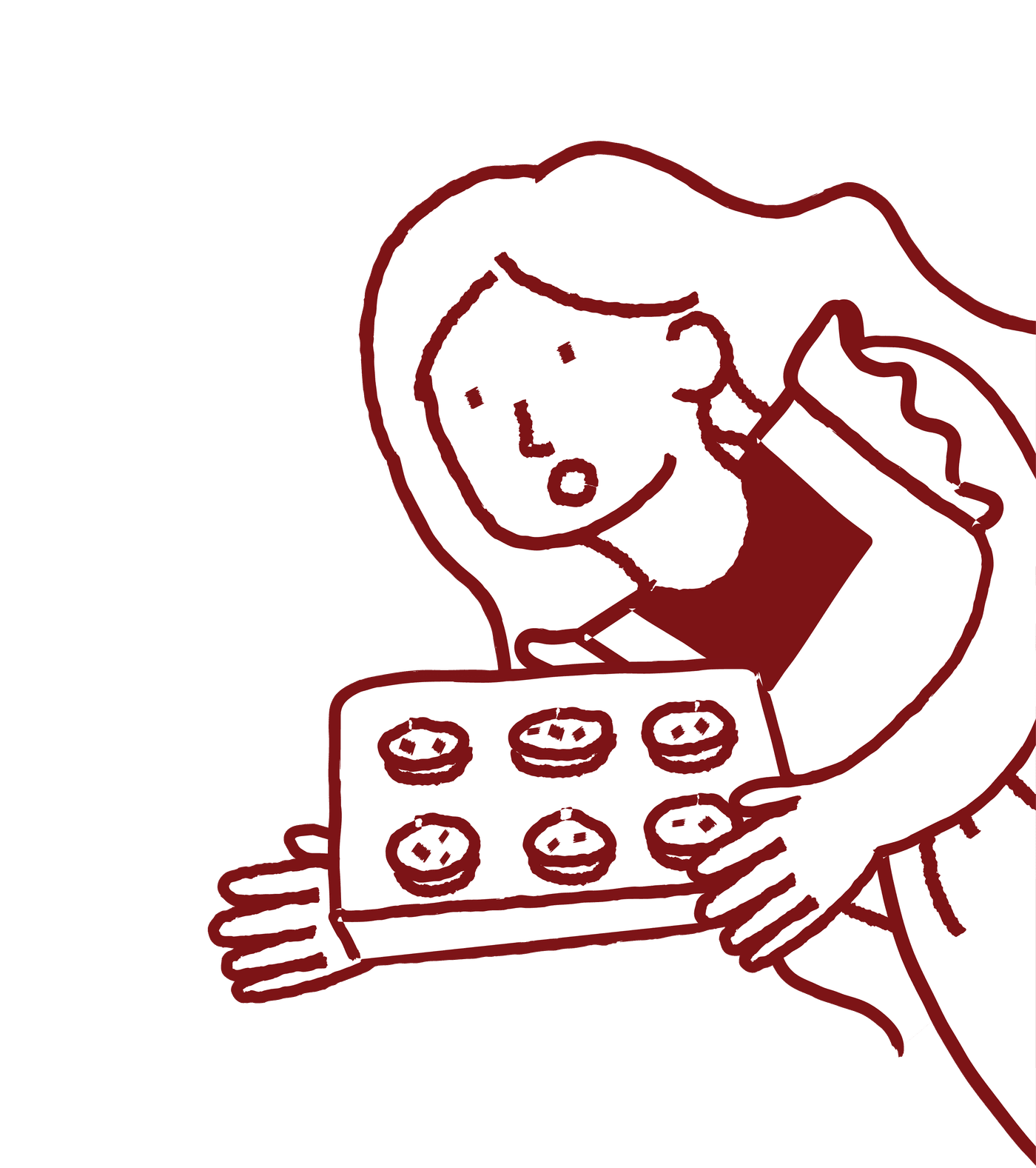 Hand-drawn illustration of the Melting Bites baker holding out a tray of six warm cookies
