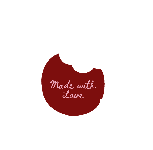 Hand-drawn bitten-cookie stamp reading "Made with Love"